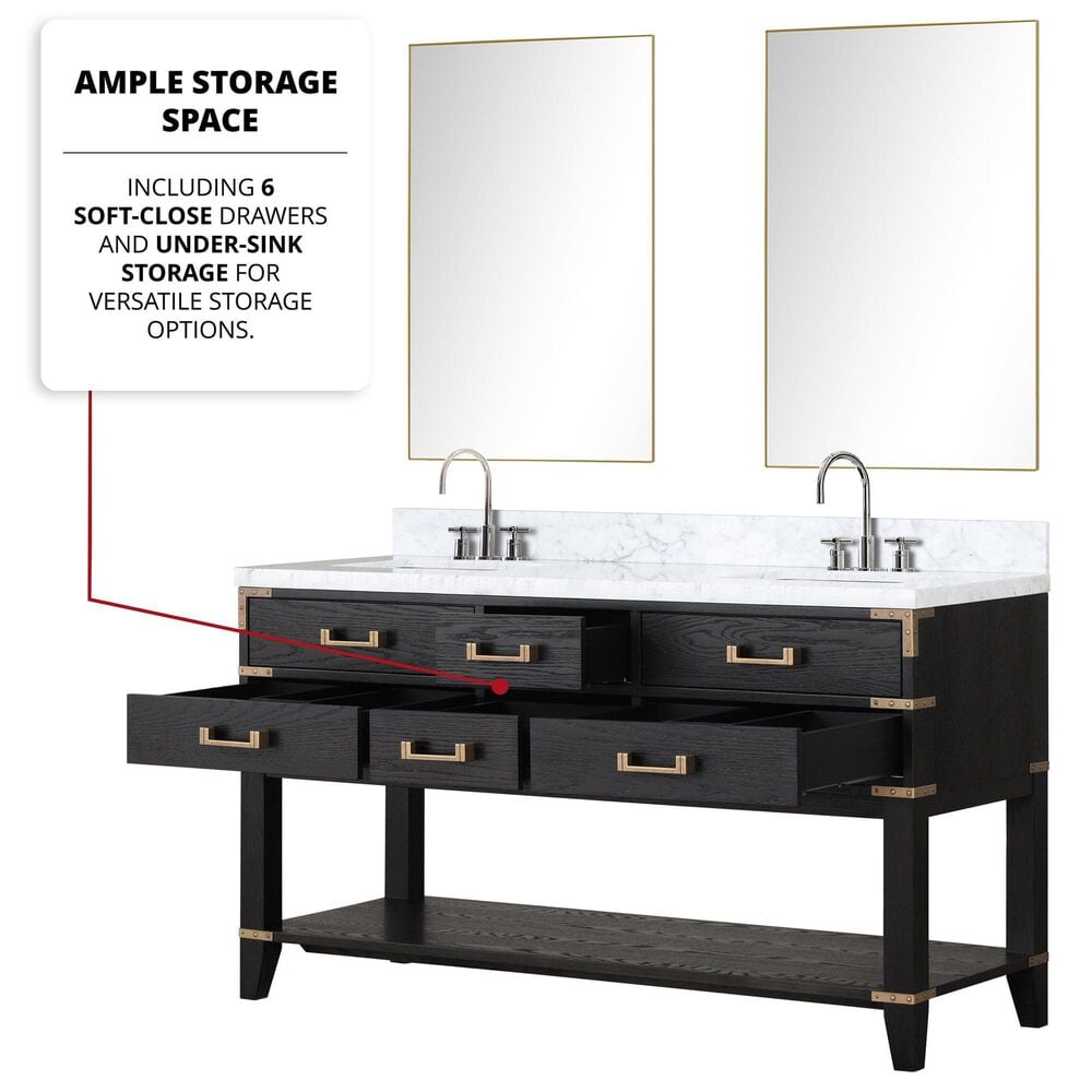 Lexora Home Norwalk 60&quot; Double Bathroom Vanity in Black Oak with White Carrara Marble Top and Rectangular Sinks, , large