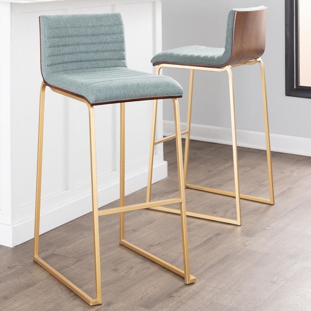 Lumisource Mason Mara Barstool with Green Cushion in Gold and Walnut &#40;Set of 2&#41;, , large