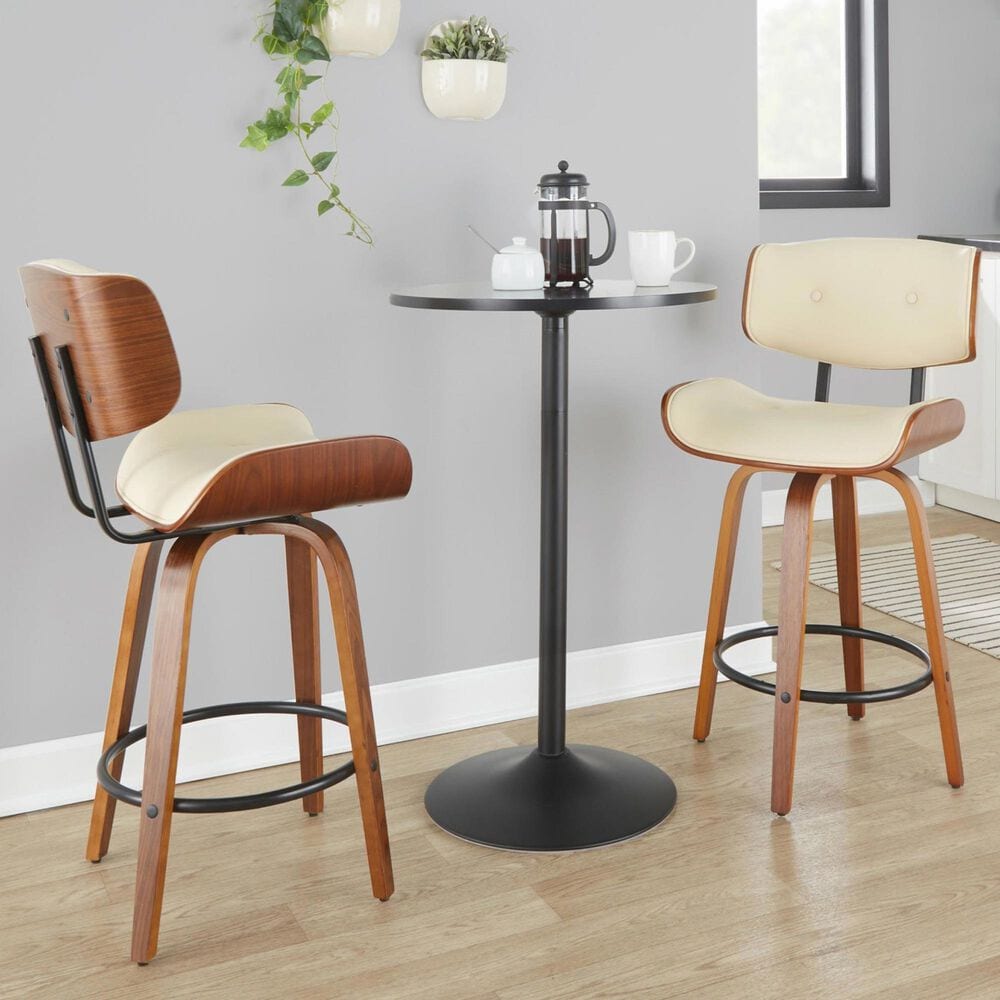 LumiSource Lombardi 26" Swivel Counter Stool with Cream Faux Leather Upholstery in Walnut and Black (Set of 2), , large