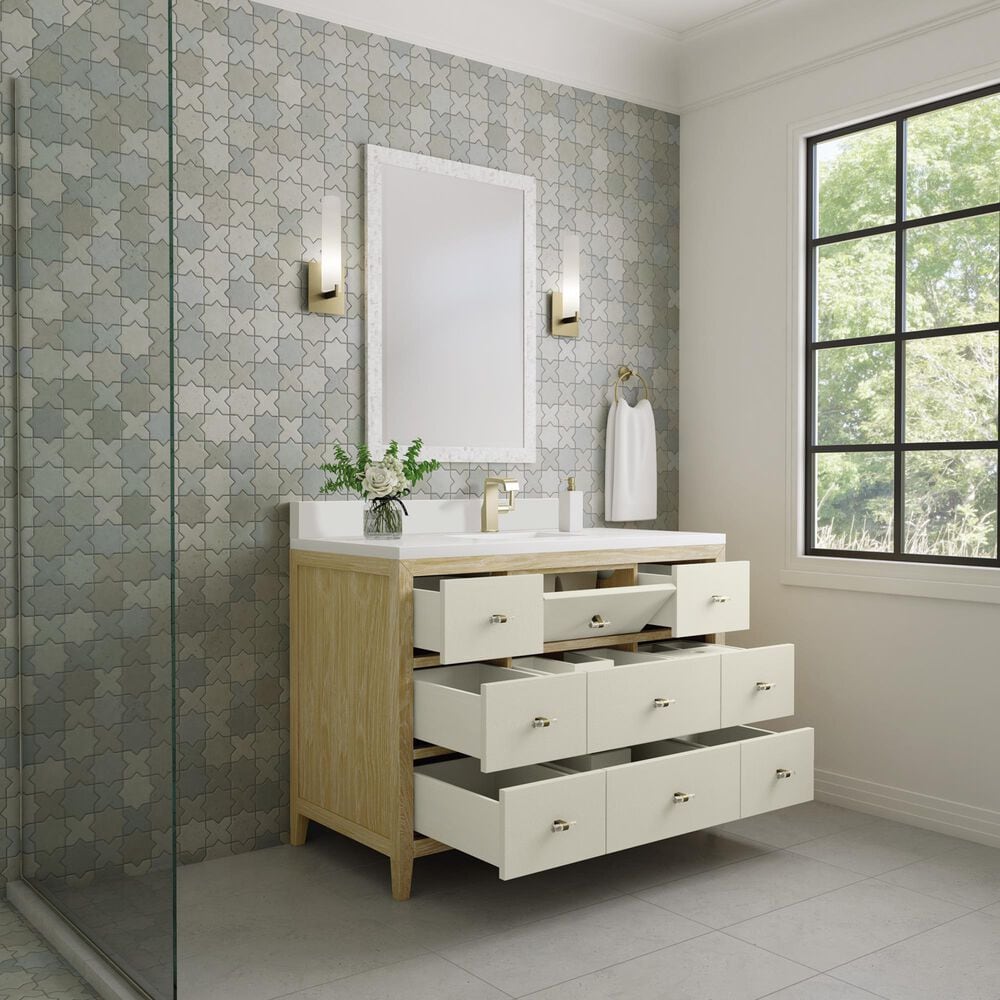 James Martin Vanities Celeste 48&quot; Single Vanity in Sun-washed Oak with Embossed Shagreen and with Single Hole 3 cm White Zeus Quartz Top &amp; Backsplash, , large