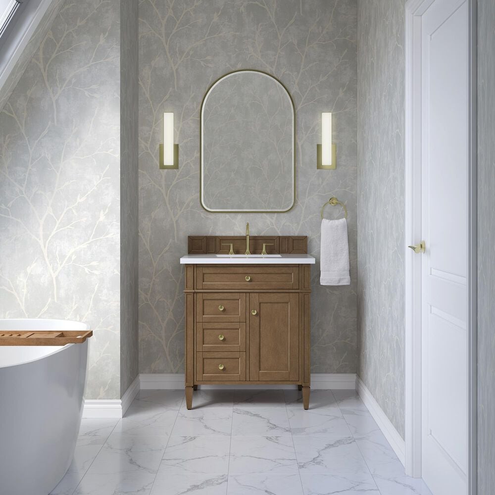 James Martin Brittany 30" Single Bathroom Vanity in Pecan with 3 cm White Zeus Silestone Top and Rectangular Sink, , large
