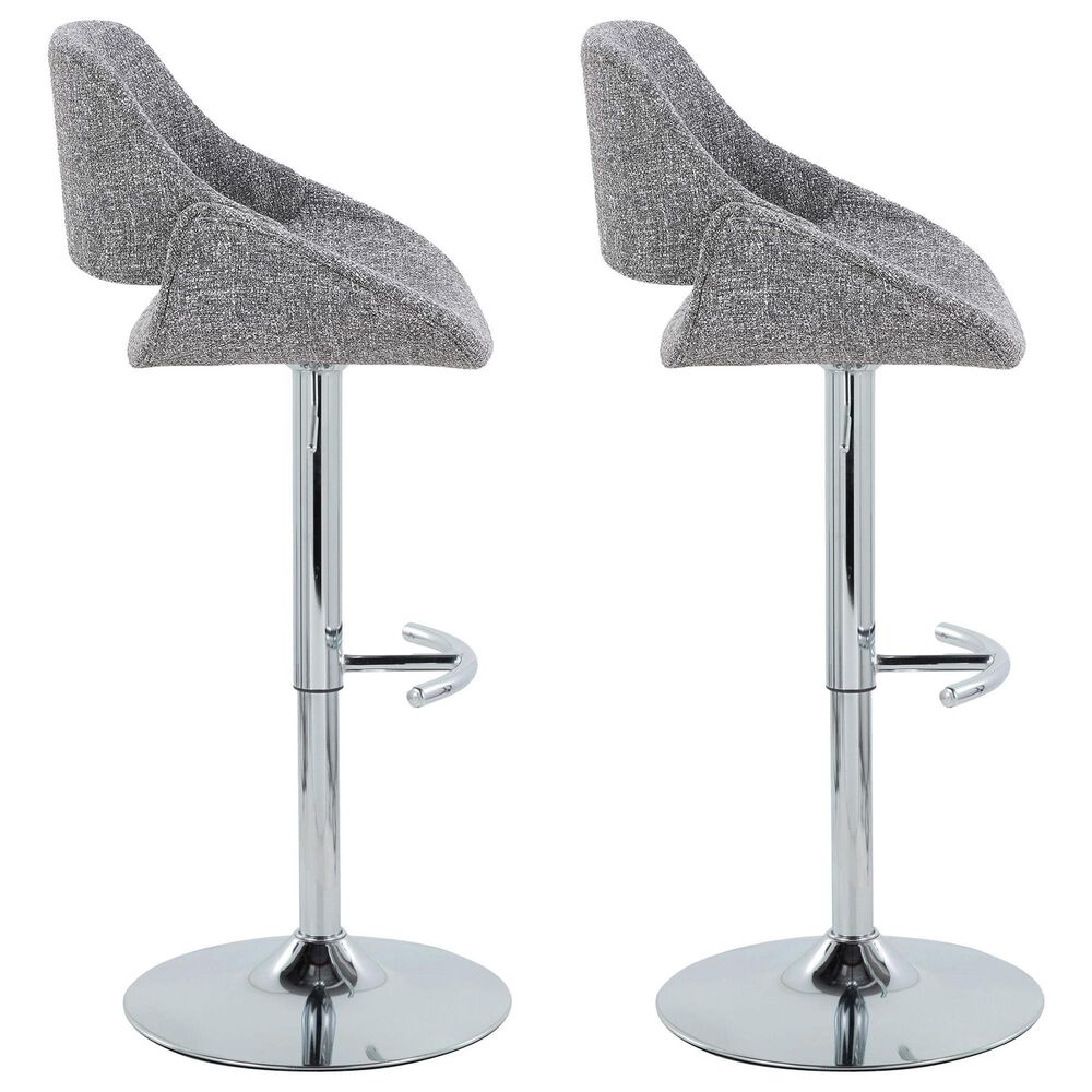 LumiSource Fabrico Swivel Adjustable Bar Stool with Grey Noise Fabric Upholstery and Rounded T Footrest in Chrome (Set of 2), , large