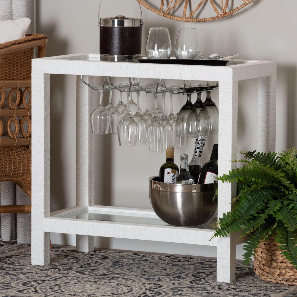 Baxton Studio Oaklynn Two-Tier Bar Table with Glass Shelves and Stemware Rack in White, , large
