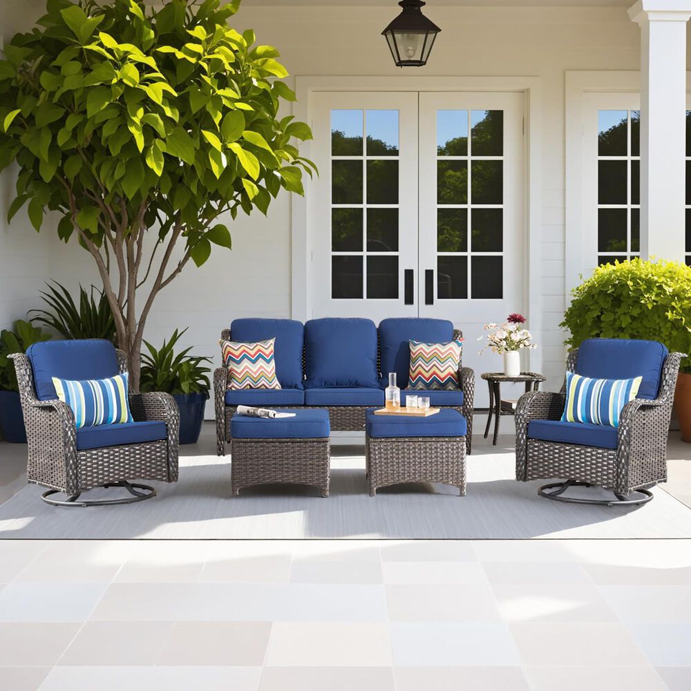 HOMLUX HOMLUX 6-Piece Patio Furniture Set with Swivel Rocking Chairs, High Back Outdoor Wicker Sofa Couch, Brown Rattan in Navy Blue, , large
