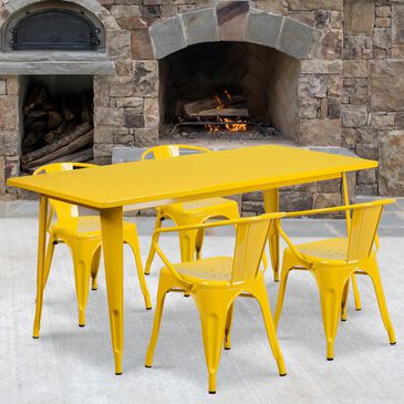 Flash Furniture 5-Piece Rectangular Metal Table Set with Arm Chair in Yellow, , large