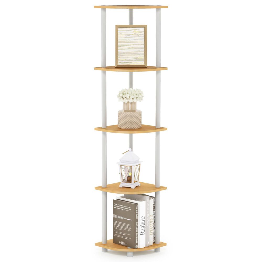 HOMLUX 5-Tier Modern Tall Corner Open Bookshelf in Beech and White, , large
