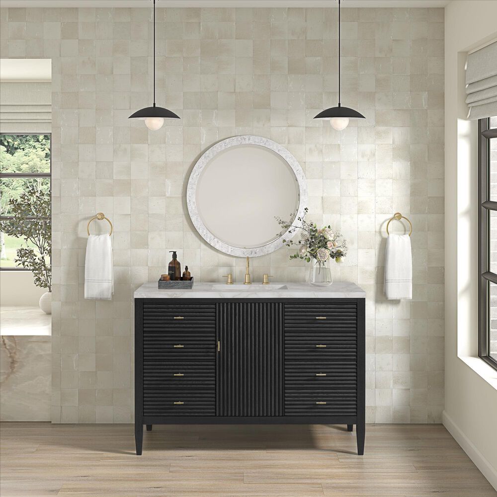 James Martin Vanities Myrrin 48" Single Bathroom Vanity in Carbon Oak with 3 cm Eternal Jasmine Pearl Silestone Top, Rectangular Sink and FreePower Wireless Charger, , large