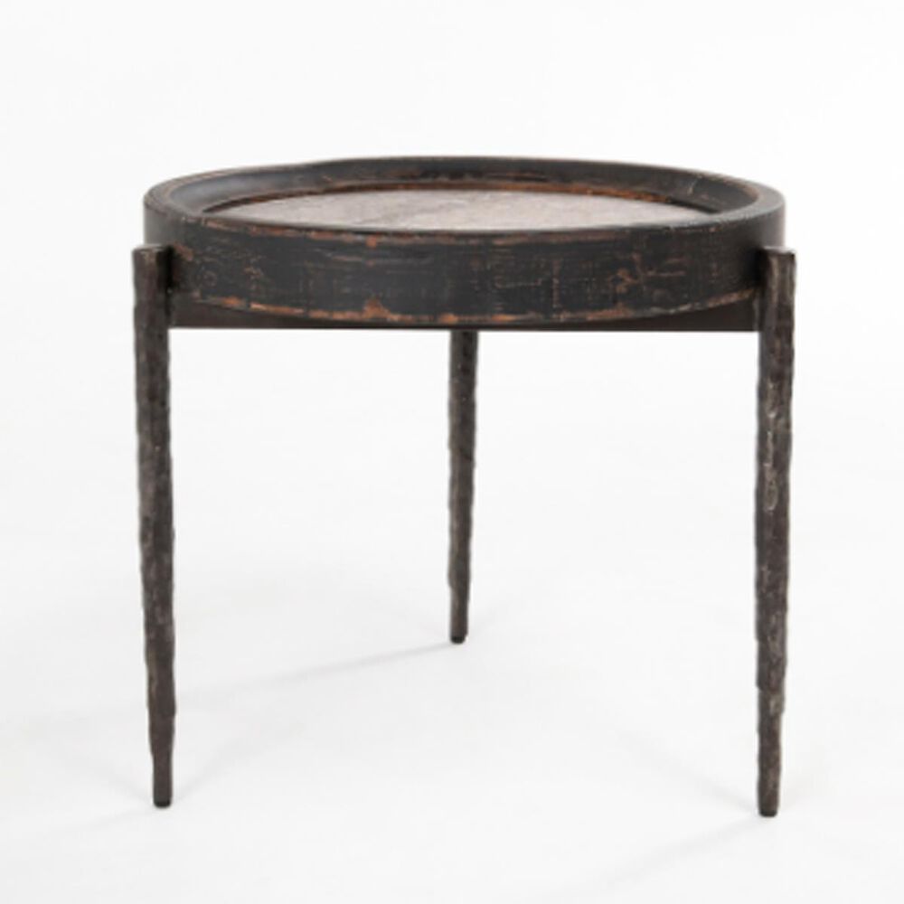 Classic Home Dakota Round End Table in Black and Travertine Top, , large