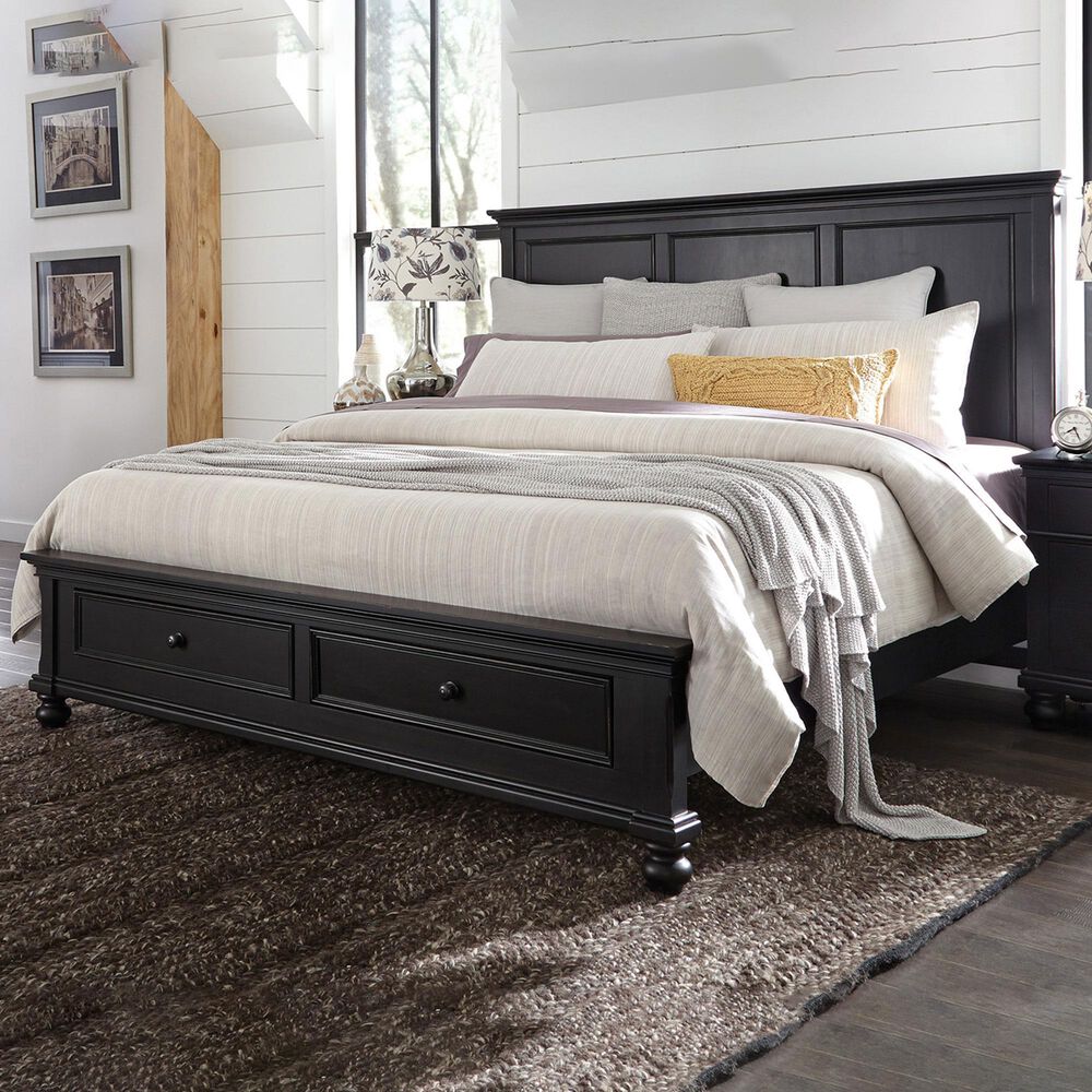 Riva Ridge Oxford King Storage Panel Bed with Two Nightstands in Black, , large