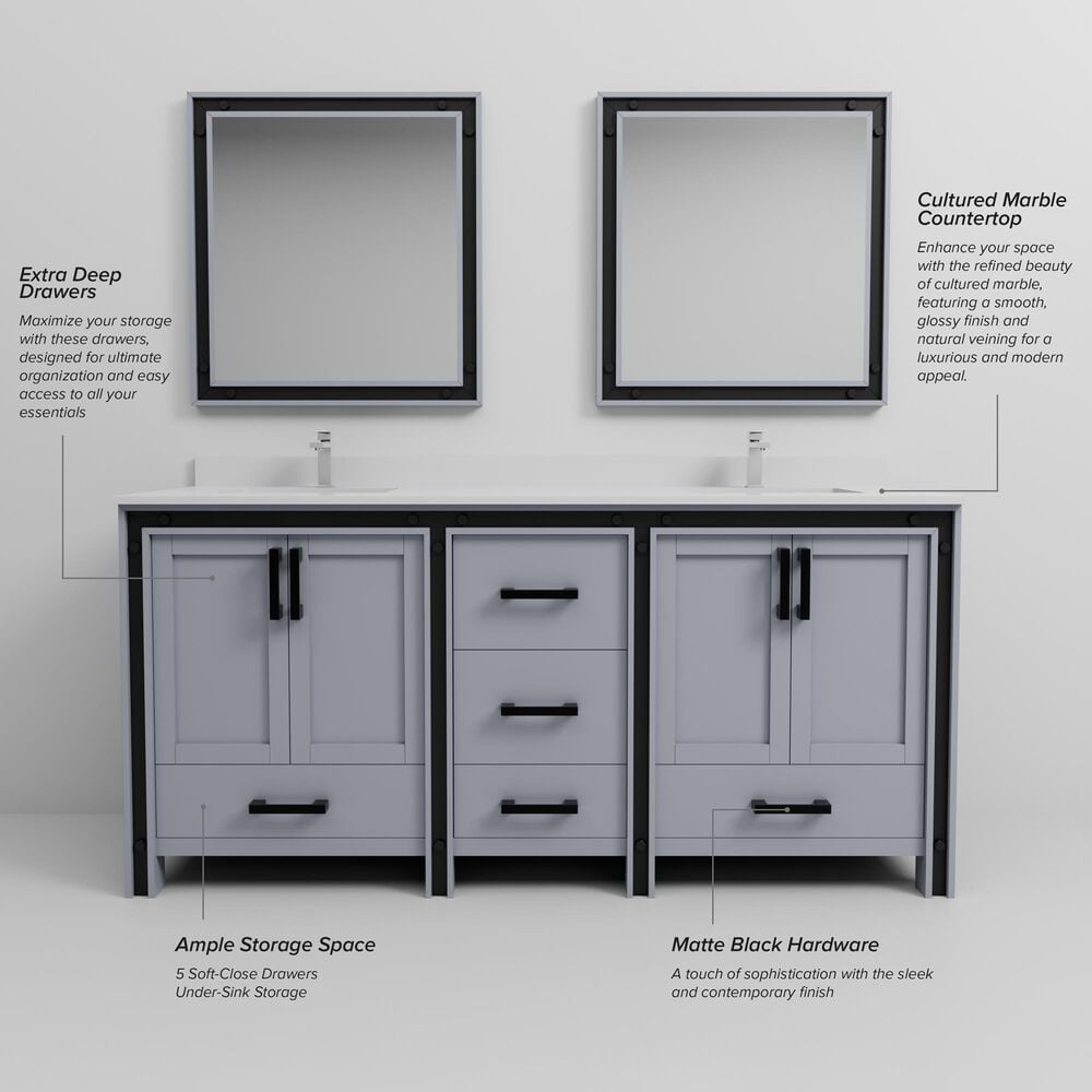 Lexora Home Ziva 72" Double Bathroom Vanity in Dark Grey with 2 cm White Cultured Marble Top and Rectangular Sinks, , large