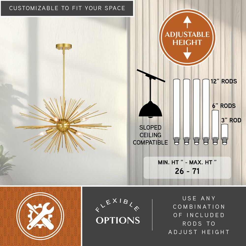 Vaxcel International Co. Ltd. Nikko 6-Light Pendant in Gold, , large