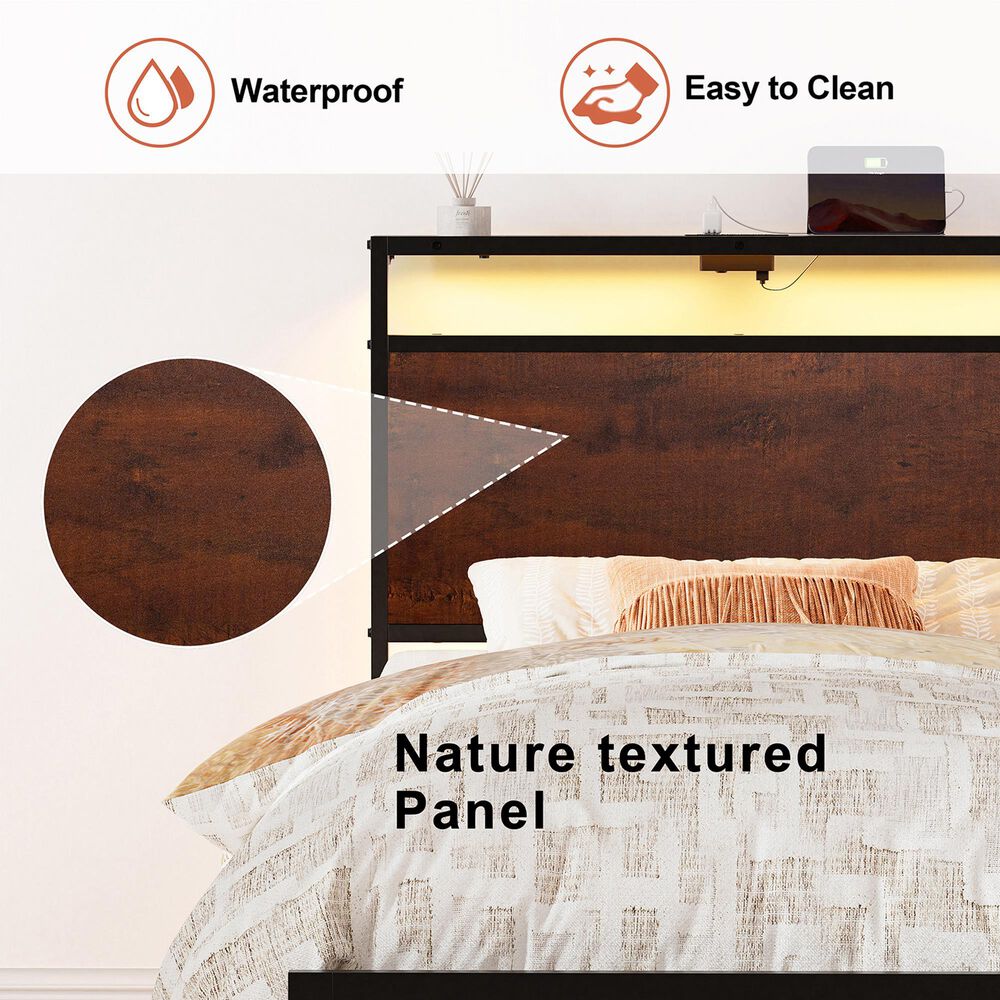 HOMLUX Twin Platform Bed with LED Headboard and Charging Station in Rustic Brown, , large