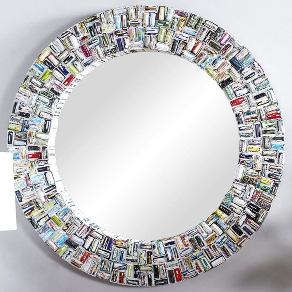 Maple and Jade 38&quot; Round Recycled Magazine Paper Frame Wall Mirror in Poppy Red, Royal Blue, Bright Yellow and Kelly Green, , large