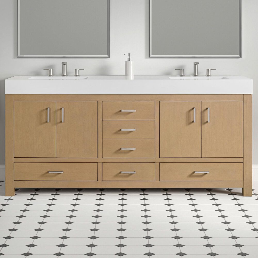 37B Alanya 72" Double Bathroom Vanity in Warm Oak with White Composite Stone Top, , large