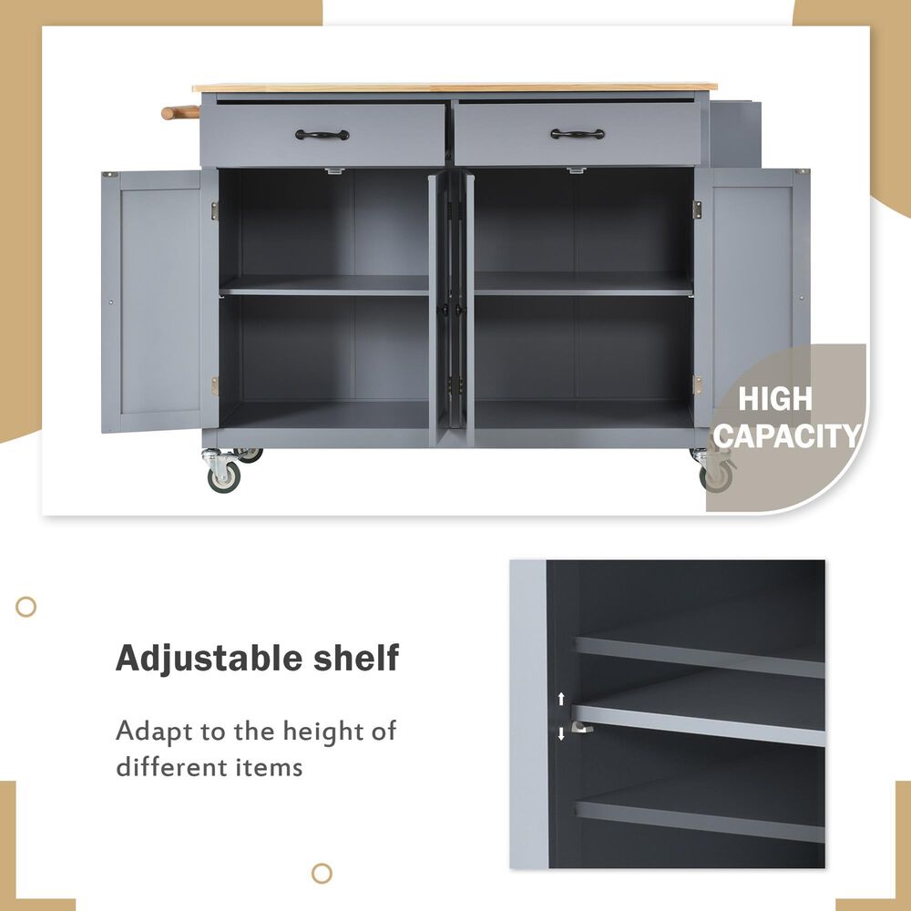 HOMLUX 54" Kitchen Island with Solid Wood Top and Locking Wheels in Grey Blue, , large