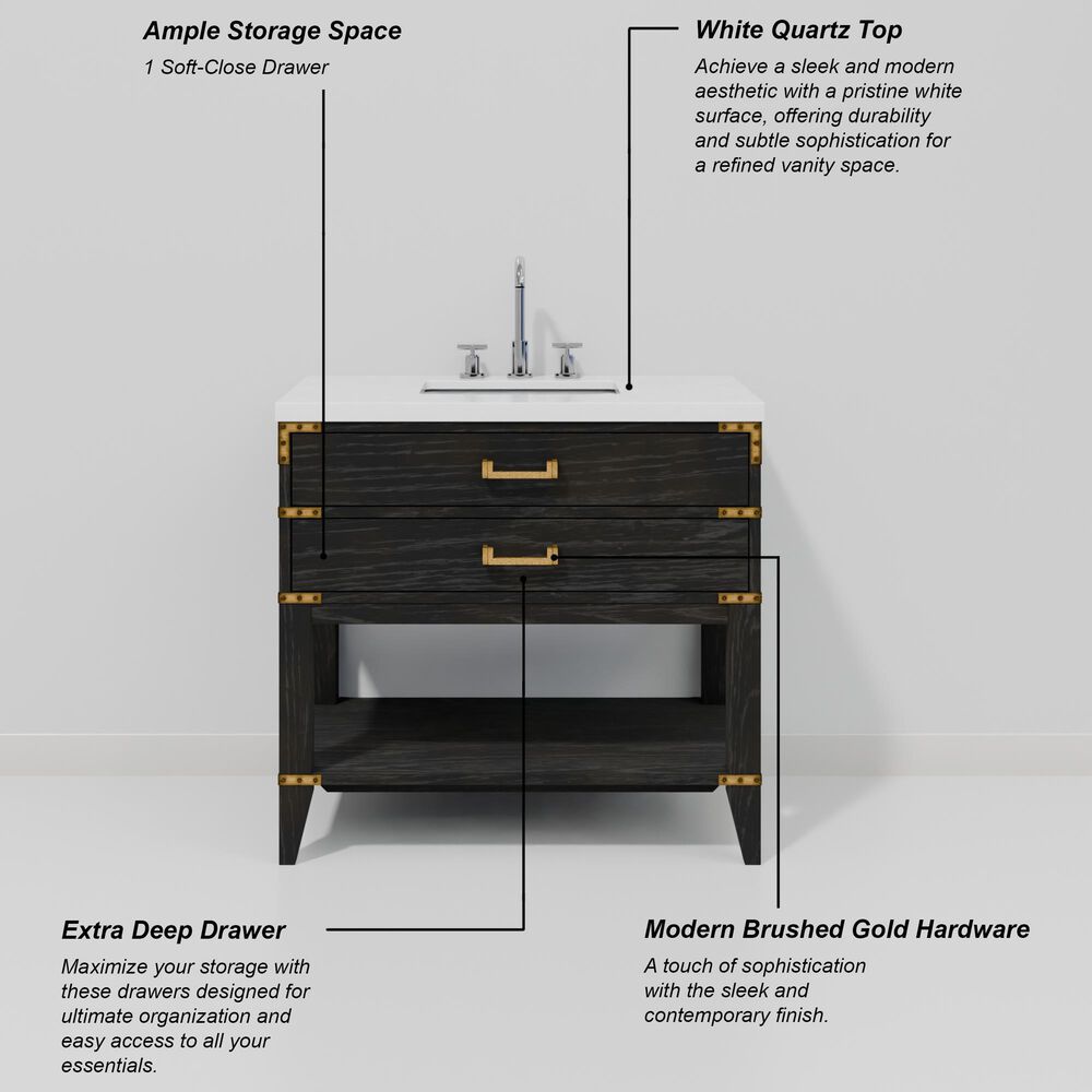 Lexora Home Norwalk 36" Single Bathroom Vanity in Black Oak with White Quartz Top and Rectangular Sink, , large