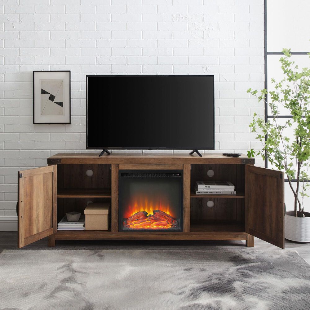 Walker Edison 58&quot; Barn Door Fireplace Console in Rustic Oak, , large
