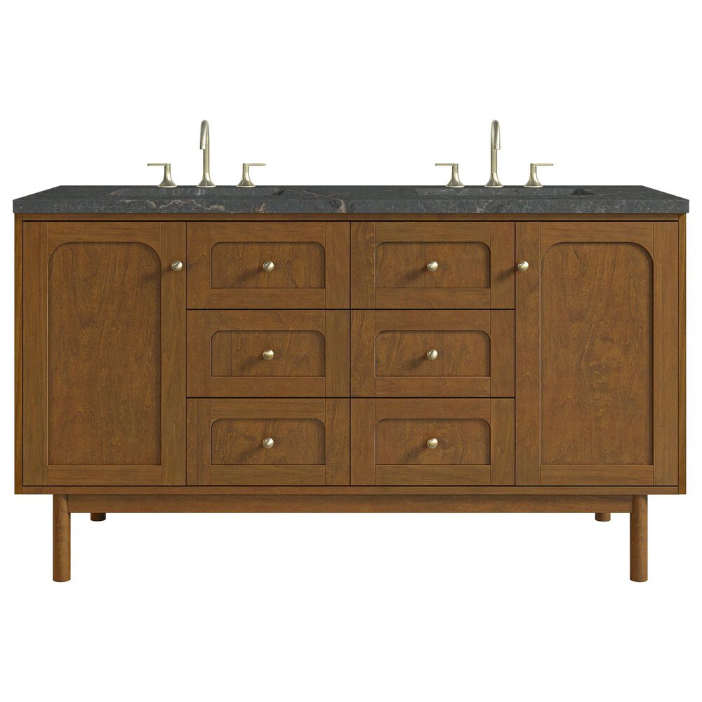 James Martin Laurent 60" Double Bathroom Vanity in Honey Oak with 3 cm Parisien Bleu Silestone Top, Rectangular Sinks and FreePower Wireless Charger, , large