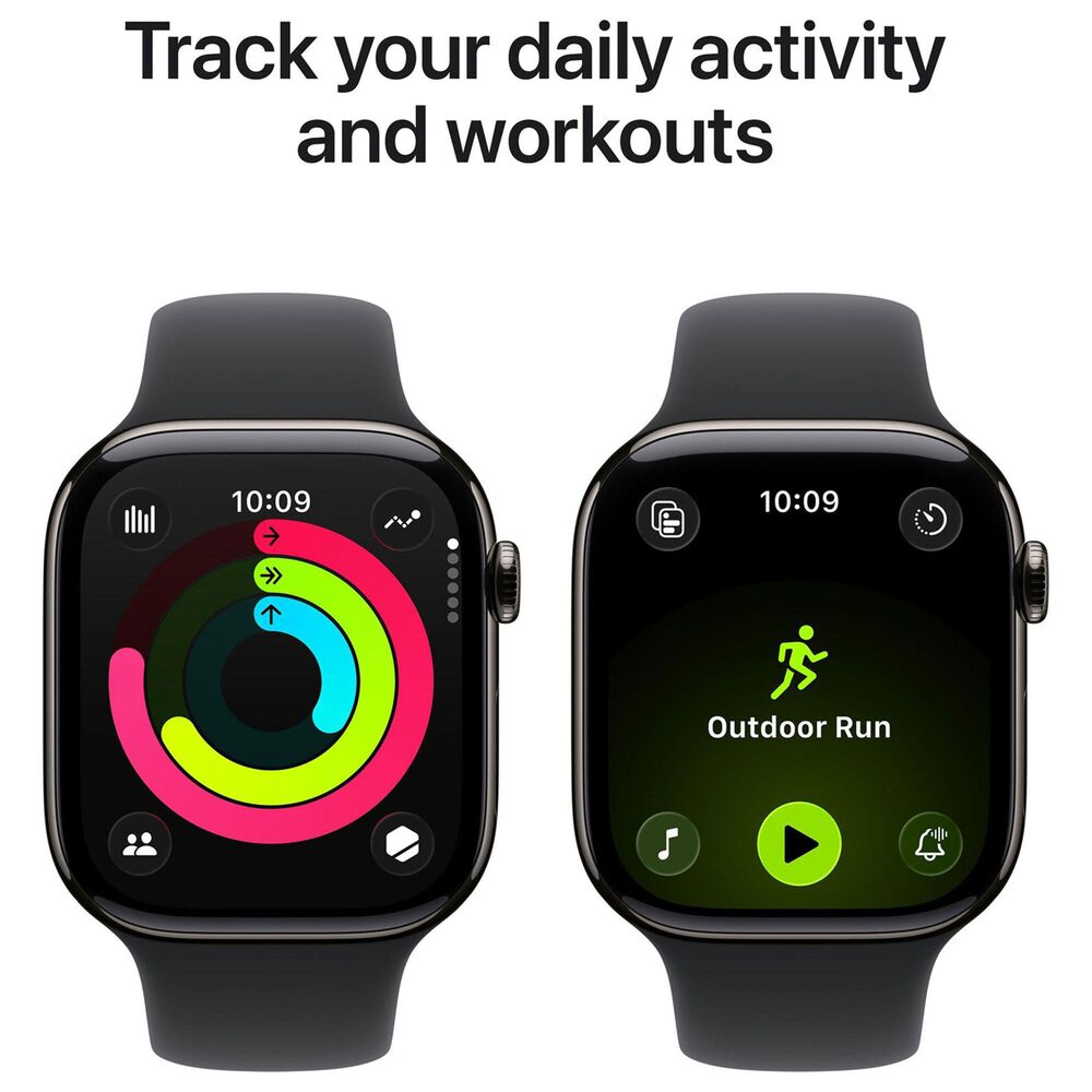 Apple Watch Series 11 (GPS+Cellular) 46mm Titanium Case with Black Sport Band - S/M in Slate and 2-Year AppleCare+, , large