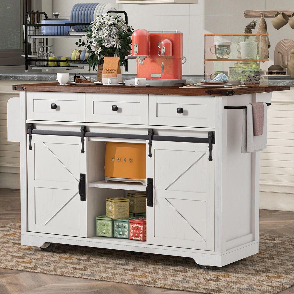 HOMLUX 54" Kitchen Island with Sliding Barn Door in White, , large
