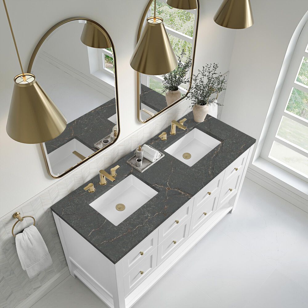 James Martin Vanities Breckenridge 60&quot; Double Bathroom Vanity in Bright White with 3 cm Parisien Bleu Quartz Top and Rectangular Sinks, , large