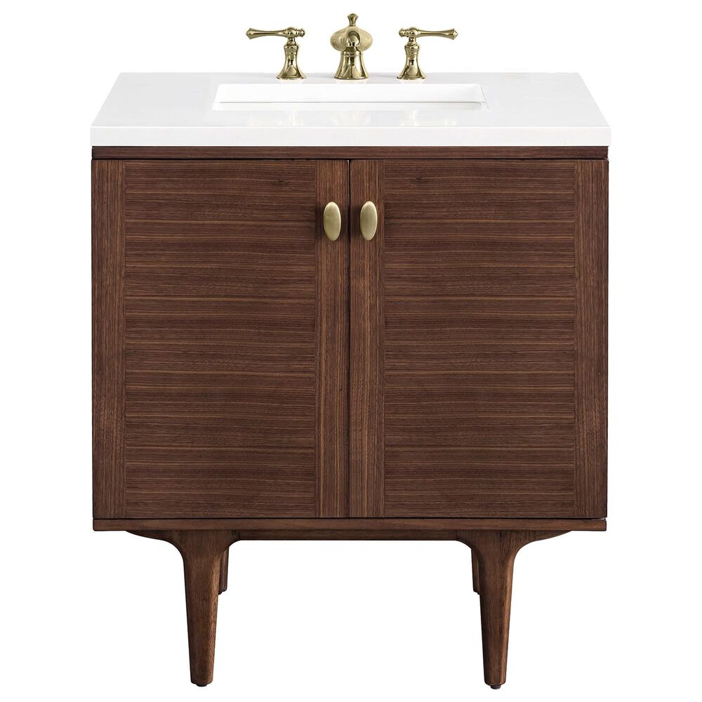 James Martin Vanities Amberly 30" Single Bathroom Vanity in Walnut with 3 cm White Zeus Quartz Top and Rectangular Sink, , large
