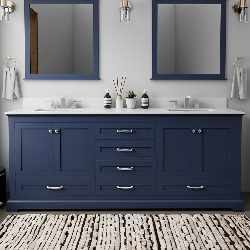 Lexora Home Dukes 80" Double Bathroom Vanity in Navy Blue with 2 cm White Cultured Marble Top and Rectangular Sinks, , large