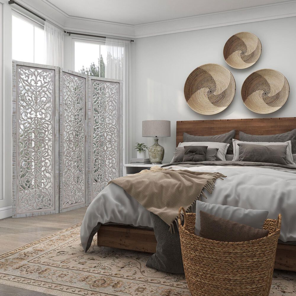 Maple and Jade 3-Panel Folding Screen in White, , large