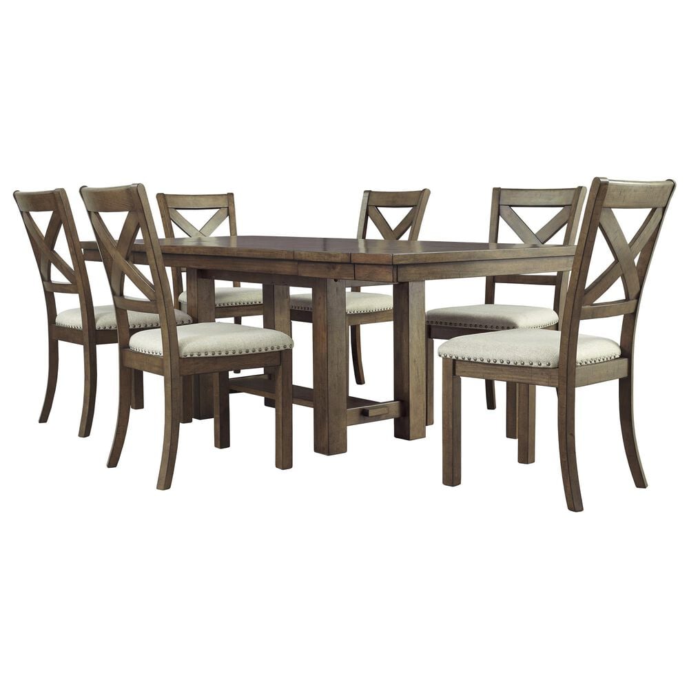 Ashley Moriville Trestle Dining Table and 6 Side Chairs in Grayish Brown, , large