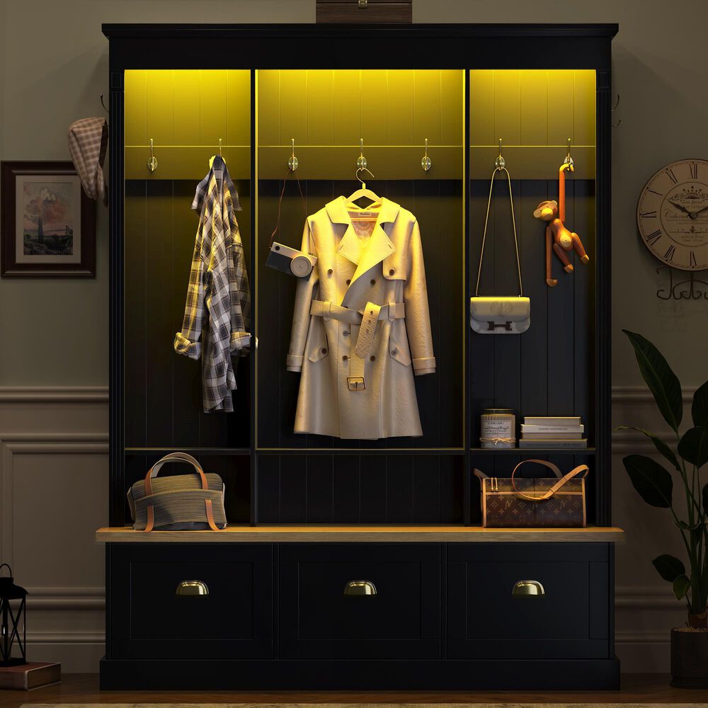 HOMLUX 9-Hook Hall Tree with 3-Cabinet in Black and Natural, , large