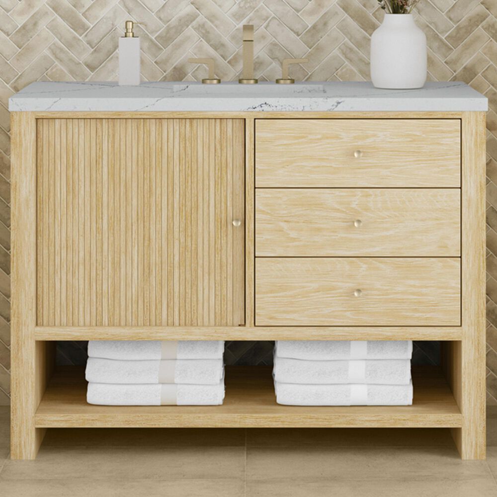 James Martin Vanities Marigot 48" Single Bathroom Vanity in Sunwashed Oak with 3 cm Ethereal Noctis Quartz Top, Rectangular Sink and FreePower Wireless Charger, , large