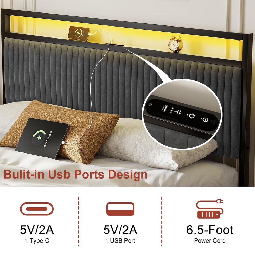 Homlux 2-Drawer Full Storage Bed with LED Headboard and USB Ports in Gray, , large