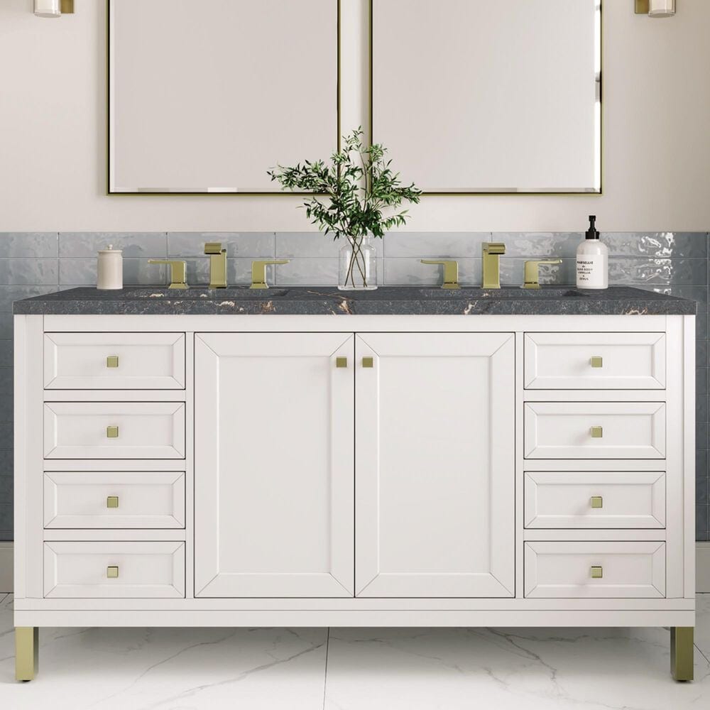 James Martin Vanities Chicago 60&quot; Double Bathroom Vanity in Glossy White with 3 cm Parisien Bleu Quartz Top and Rectangular Sinks, , large