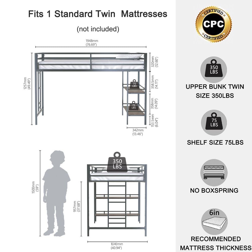 Hearth and Haven Adam Twin Loft Bunk Bed with Cinnamon Wood Shelf in Black, , large