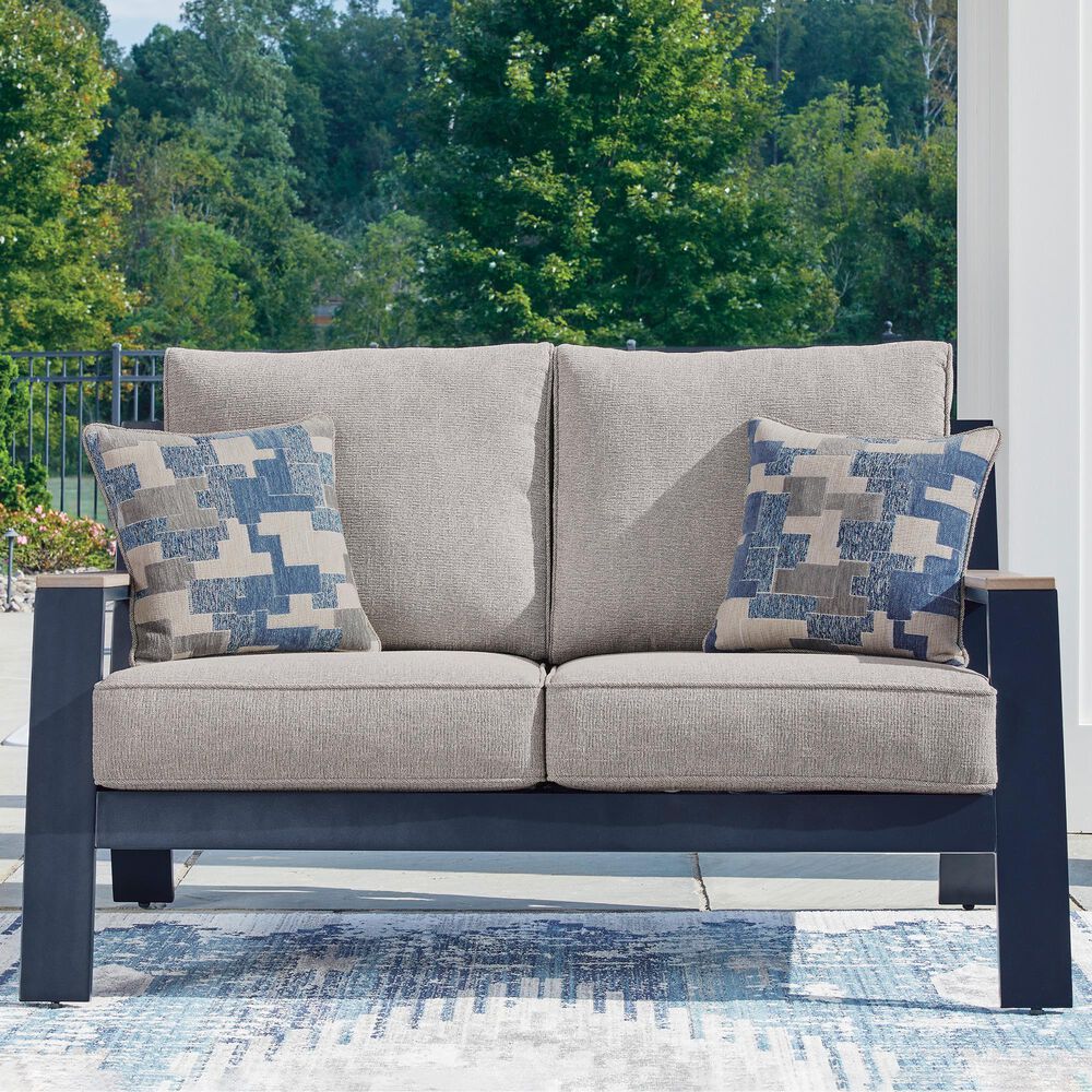 Ashley East Beach Stationary Loveseat with Beige Cushions in Navy Blue and Driftwood, , large