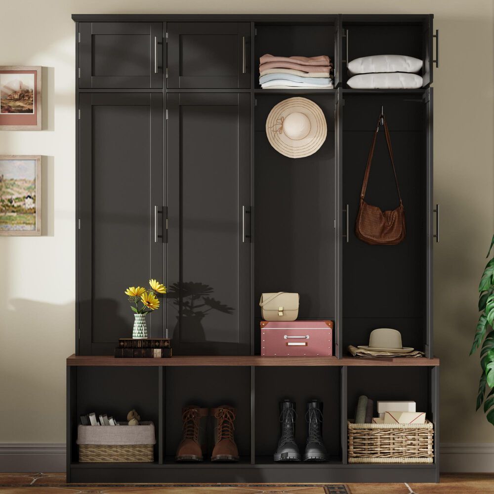 HOMLUX 4-Hook Hall Tree with 8-Door in Black and Walnut, , large