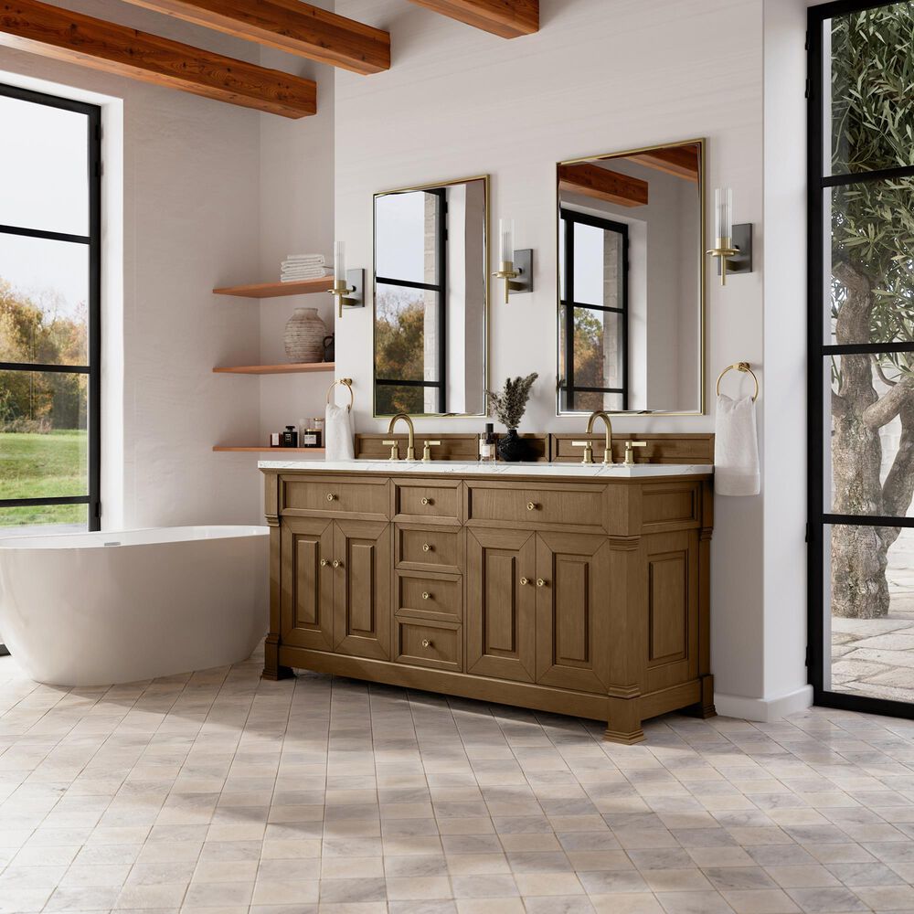 James Martin Vanities Brookfield 72&quot; Double Bathroom Vanity in Honey Oak with 3cm Ethereal Noctis Quartz Top and Rectangular Sinks, , large