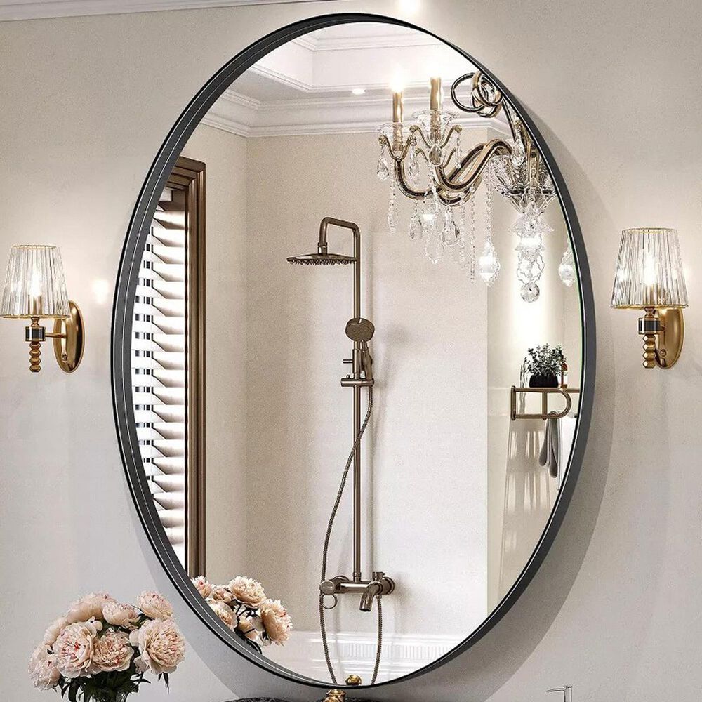 HOMLUX 26" x 38" Oval Wall Mirror in Black, , large