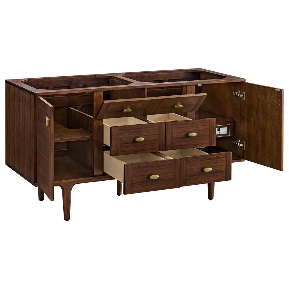 James Martin Vanities Amberly 60&quot; Double Bathroom Vanity in Mid-Century Walnut with 3 cm Parisien Bleu Quartz Top and Rectangular Sinks, , large