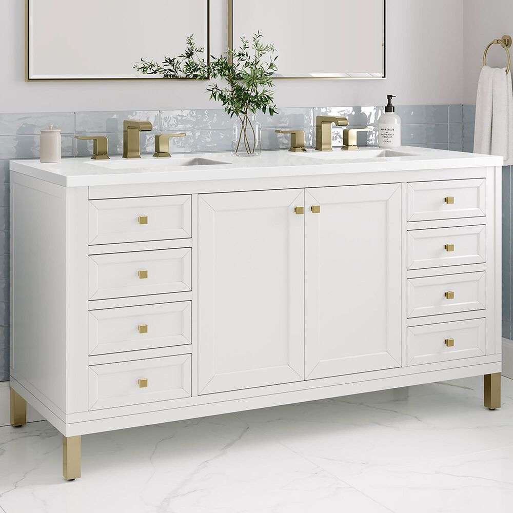 James Martin Vanities Chicago 60&quot; Double Bathroom Vanity in Glossy White with 3 cm White Zeus Quartz Top and Rectangular Sinks, , large