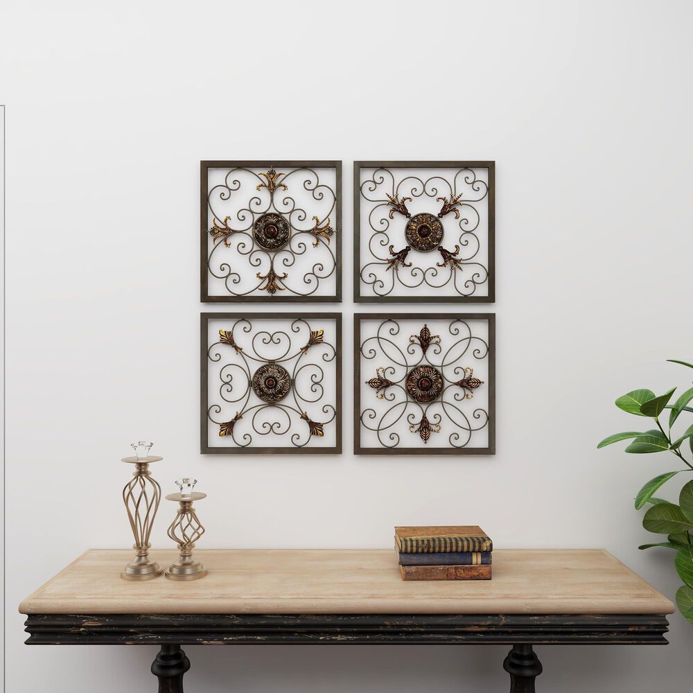 Maple and Jade 16&quot; x 16&quot; Rustic Wall Decor in Gold and Black &#40;Set of 4&#41;, , large