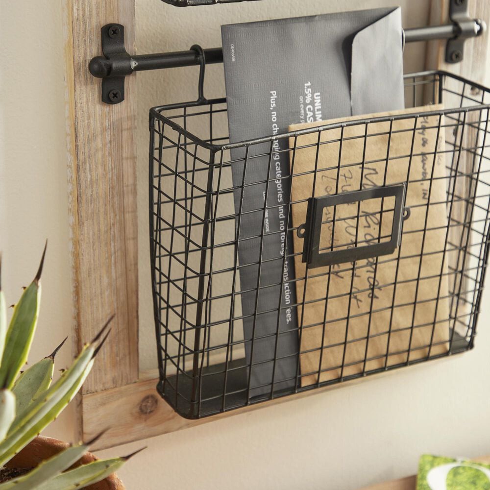 Maple and Jade 3-Slot Decorative Magazine Rack Holder with Suspended Baskets and Label Slot in Matte Black and Brown, , large