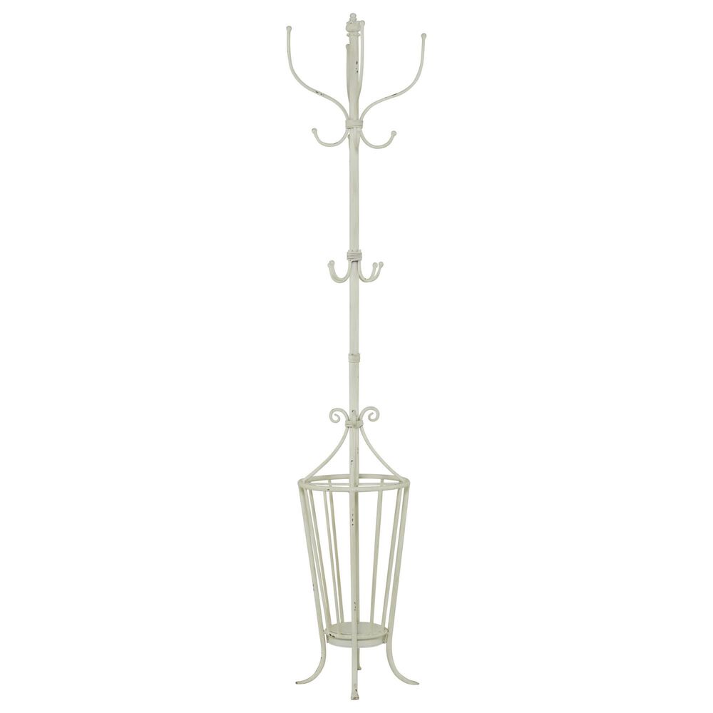 Maple and Jade 12-Hook Freestanding Coat Rack with Umbrella Storage Base in Distressed White, , large
