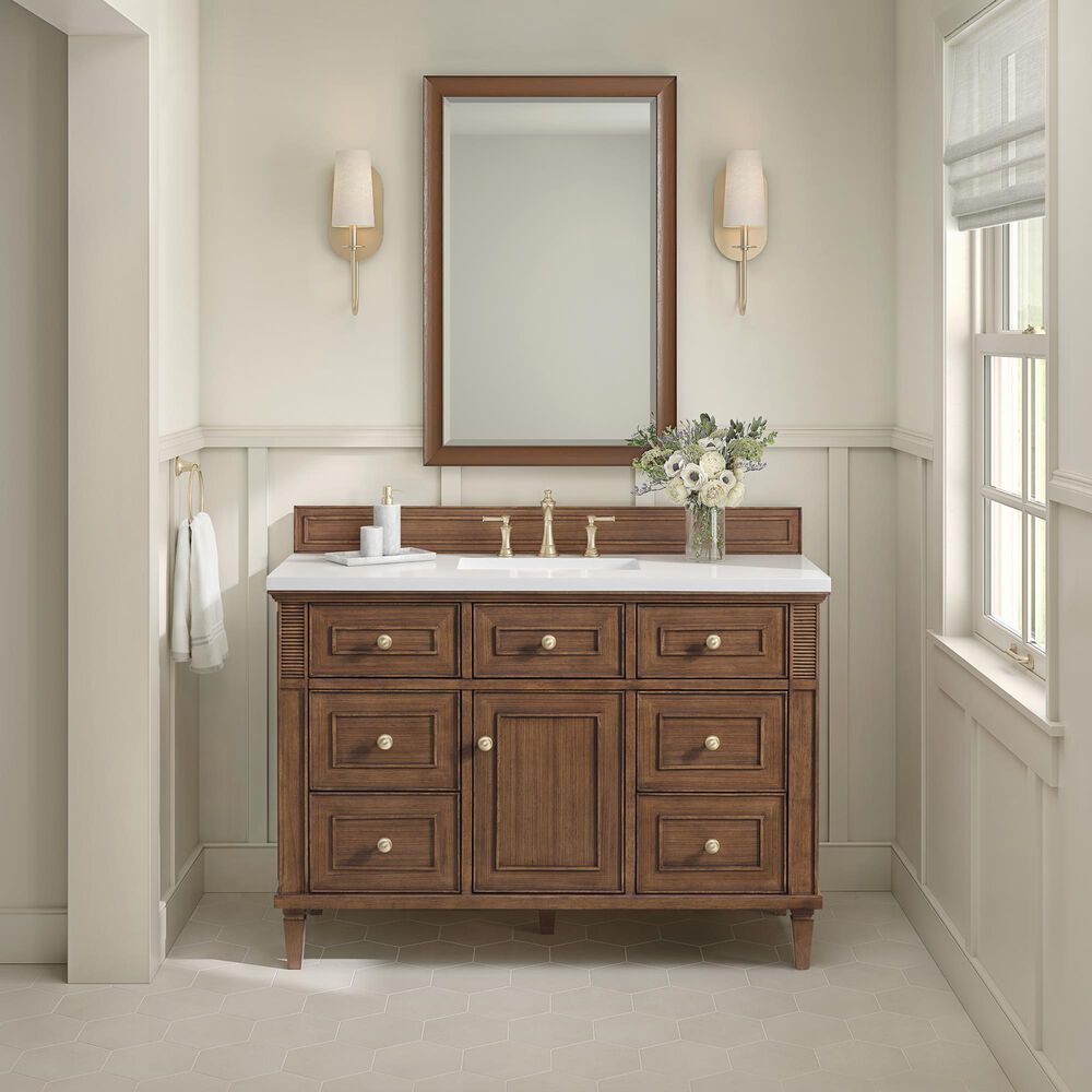 James Martin Vanities Lorelai 48" Single Vanity in Mid-Century Walnut with 3 cm White Zeus Quartz Top, , large