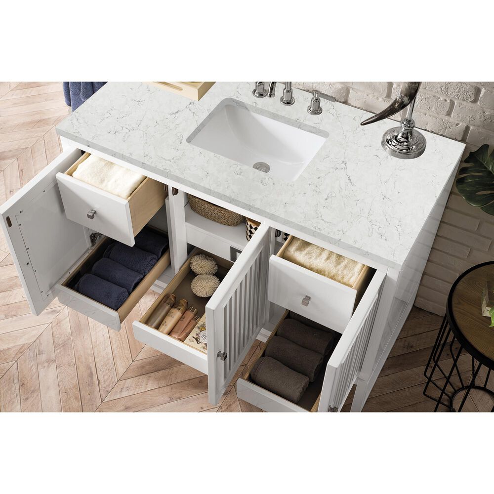 James Martin Vanities Athens 48&quot; Single Bathroom Vanity in Glossy White with 3 cm Eternal Jasmine Pearl Quartz Top and Rectangular Sink, , large