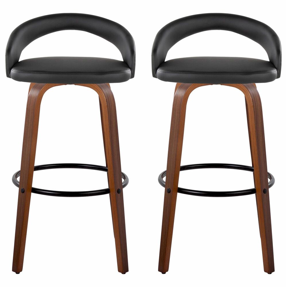 LumiSource Grotto Swivel Bar Stool with Black Faux Leather Upholstery in Walnut Wood and Black (Set of 2), , large