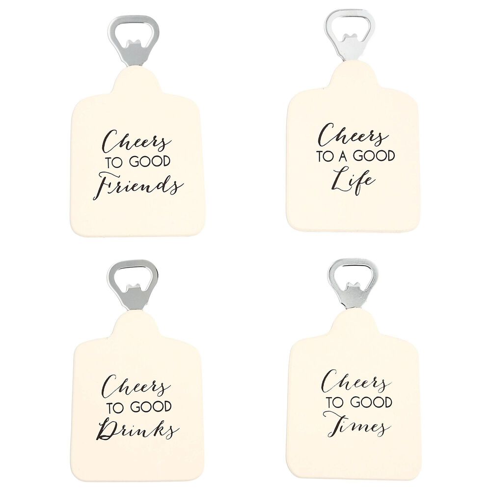 Pavilion Cheers 6&quot; x 4.25&quot; Bottle Opener Coaster Set in Cream and Silver &#40;Set of 4&#41;, , large