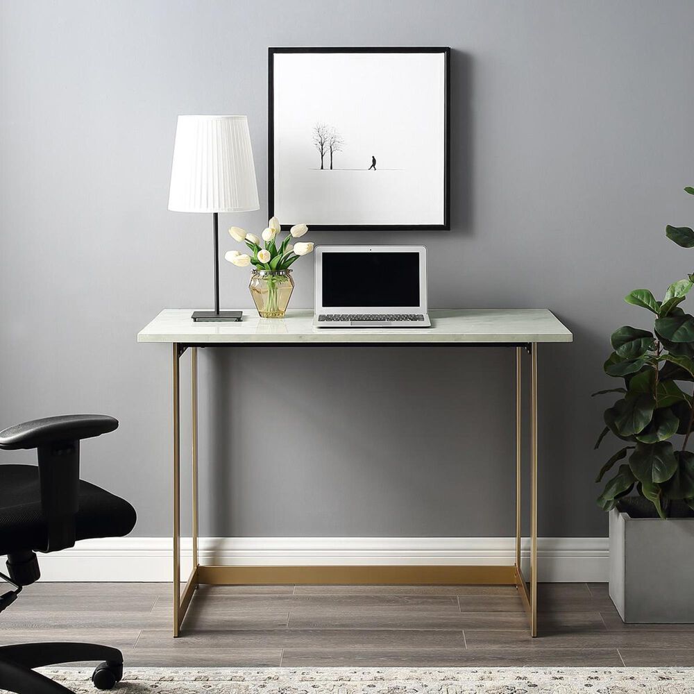 Walker Edison 42" Computer Desk in Faux White Marble and Gold
