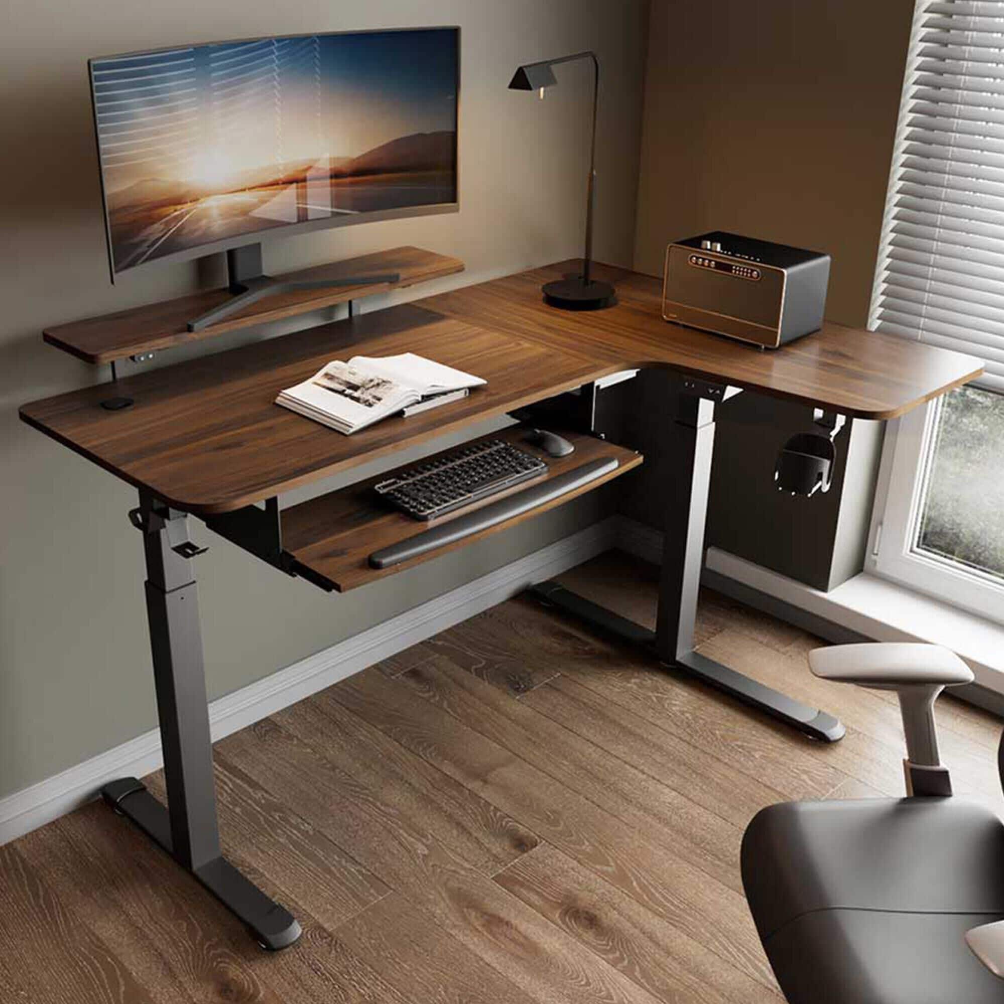 Eureka Right Facing L Shaped Electric Standing Desk in Walnut and