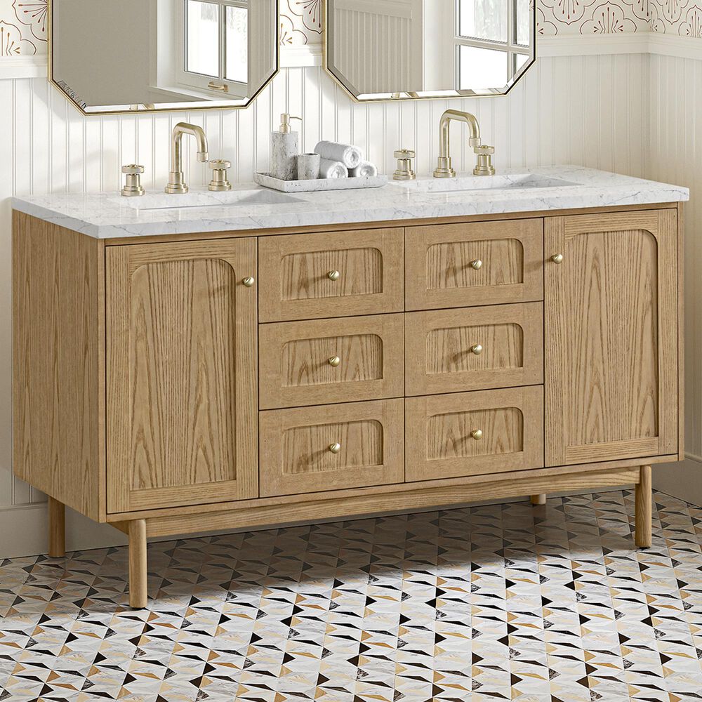 James Martin Vanities Laurent 60" Double Bathroom Vanity in Light Natural Oak with 3 cm Ethereal Noctis Silestone Top, Rectangular Sinks and FreePower Wireless Charger, , large